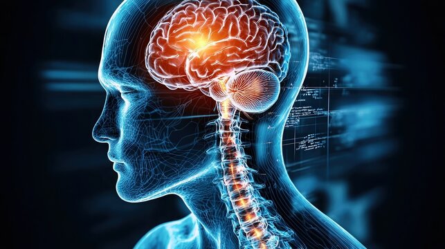 Glowing illustration of the human head, brain, and spinal cord