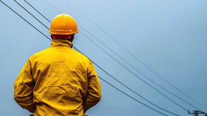 A worker in a yellow jacket and helmet stands against a blue sky, observing overhead power lines.