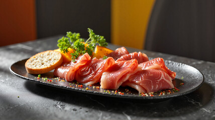 Elegant raclette platter with prosciutto and bread, afternoon dining