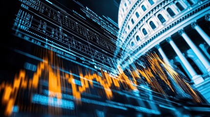 Finance and government merge in vibrant stock market graph over Capitol building