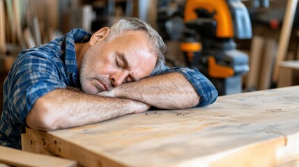 An older man in a plaid shirt rests his head on a wooden workbench in a workshop, appearing peaceful and thoughtful.