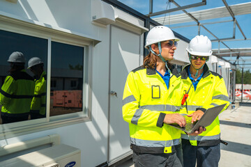 Two engineers in high visibility jackets discussing plans on a laptop at a modular construction site. A window reflection shows their teamwork and professionalism in site planning and management.