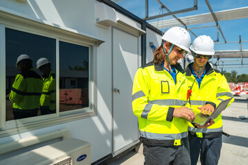 Two engineers in high visibility jackets discussing plans on a laptop at a modular construction site. A window reflection shows their teamwork and professionalism in site planning and management.