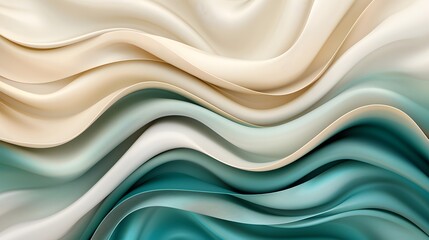 Abstract 3D wavy pattern in emerald green and beige with fluid motion and depth Modern luxury background concept