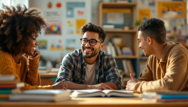 Joyful collaborative studying session with diverse university students