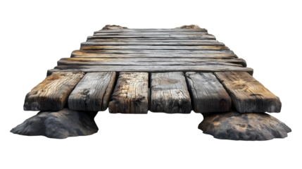 Rustic Wooden Dock Weathered Plank Bridge, Aged Timber Design, isolated on transparent background.