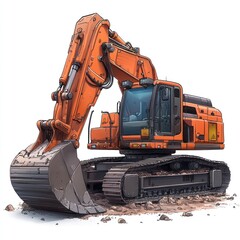 Excavator isolated on white background. Heavy Machinery. Construction Vehicle. Digger Machine. Excavator Arm. Excavator Design Element. Realistic Excavator isolated for Designers.
