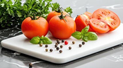 Ripe tomatoes, basil, and peppercorns on a white cutting board