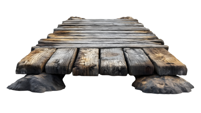 Rustic Wooden Dock Weathered Plank Bridge, Aged Timber Design, isolated on transparent background.