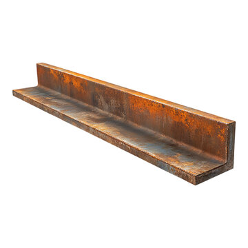 Rusted steel L-beam angle iron profile piece resting diagonally isolated against a stark transparent background for construction material concepts.