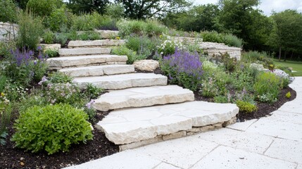 Obraz premium Stone steps leading to garden, landscaping, nature background, home design