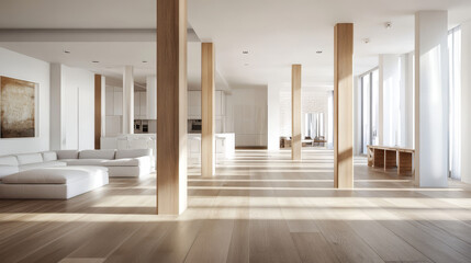Fototapeta premium Empty white apartment with parquet wood floor with pillars 3d render illustration