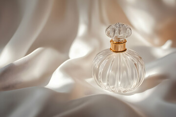 Elegant glass perfume bottle resting on a soft, draped fabric with subtle lighting enhancing its beauty