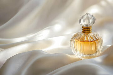 Elegant glass perfume bottle displaying a warm amber fragrance on a silky fabric surface