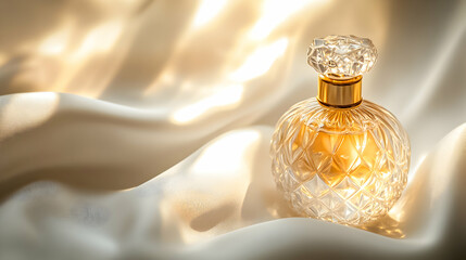 Elegant glass perfume bottle resting on silky fabric with soft golden light illuminating the scene