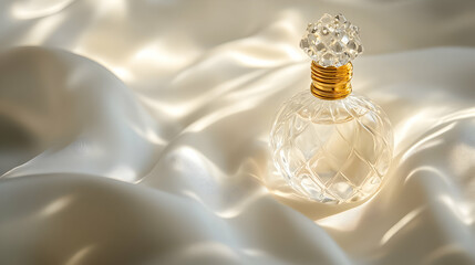 Elegant glass perfume bottle placed on a soft fabric with gentle light reflection at a cozy indoor setting