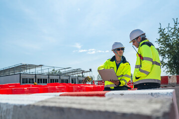 Two engineers wearing high visibility jackets discuss construction progress near concrete...