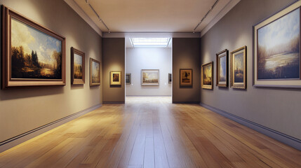 Obraz premium empty wooden frames with white canvas in art gallery exhibition with wood floor 3d render illustration