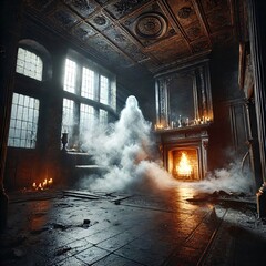 Old house with candles ghost and fire