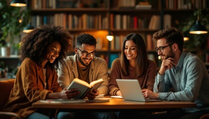 Diverse Study Group Collaborating Around a Table with Books and Laptop