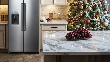 Stainless Steel Refrigerator in Festive Kitchen Setting