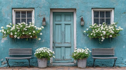 Charming Teal House with Window Boxes and Benches