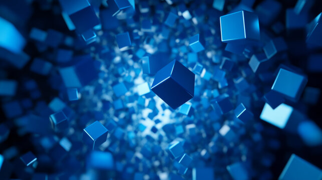 abstract flying rotating blue cubes background 3d render illustration