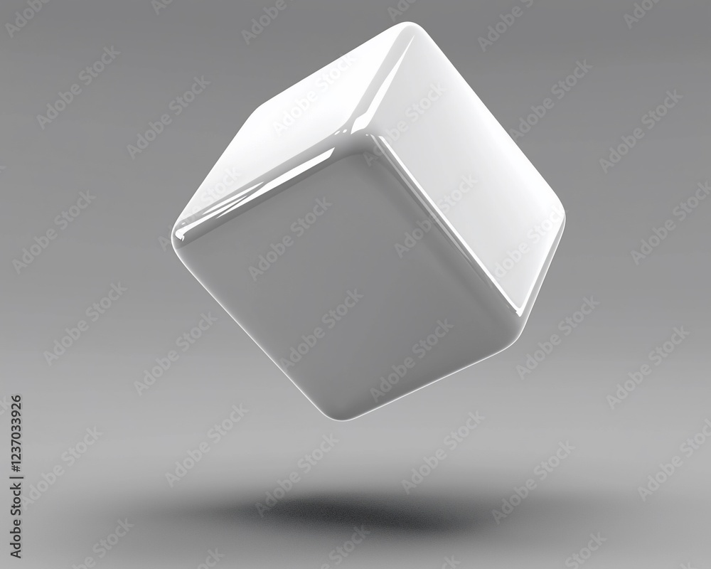 Poster glossy white cube floating on gray background.