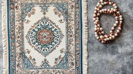 Prayer rug, beads, floor, meditation, serenity, home, spiritual, peace, textured background