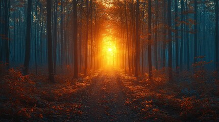 Obraz premium Golden Hour in the Enchanting Forest: A Mystical Path Beckons
