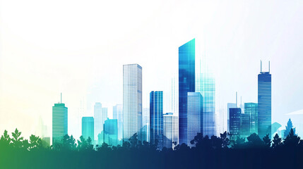 An abstract image of an urban landscape, made in a blue-green color scheme. Silhouettes of high-rise buildings are painted on a light background, as if through a light haze or fog.