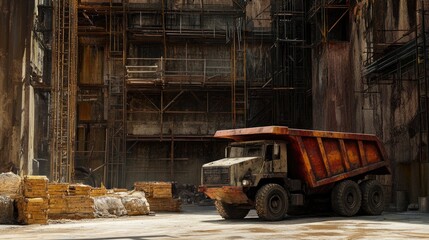 Fototapeta premium Rusty Dump Truck Parked Near Industrial Construction Site