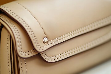 Elegant beige leather purse with detailed stitching and a timeless design, perfect for sophisticated styling.