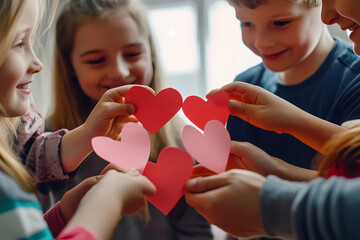 Kids joyfully exchanging heart cutouts during Valentine's Day celebration in a cozy indoor setting