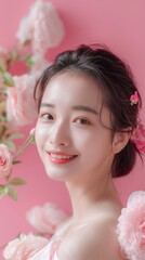 Fototapeta premium young Asian female holding blossoms in portrait gazing at the camera with cheerful bright soft mood copyspace concept of beauty, floristry, wedding planning