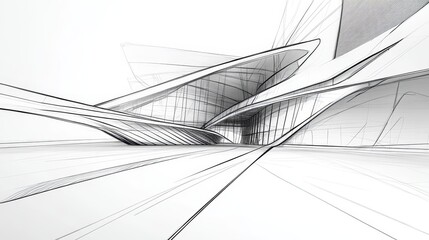 Fototapeta premium Modern architecture drawing with black and white lines. The image shows a futuristic building with an abstract and imaginative design.