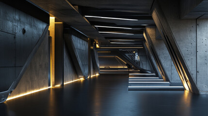 dark abstract concrete and soldered metal steel hangar hall wall industrial design 3d rendering futuristic lighting