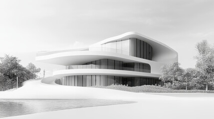 Fototapeta premium Black and White Photo of a Building 3d render illustration. 3D Illustration