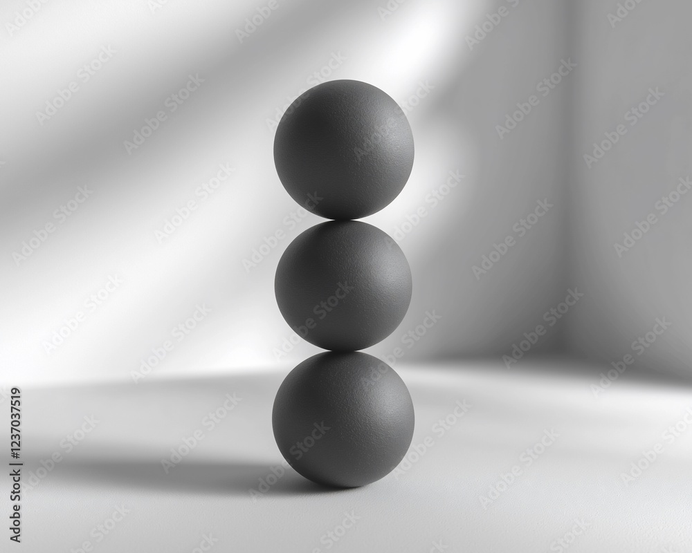 Poster three dark gray spheres stacked vertically on a light gray surface in a minimalist setting.