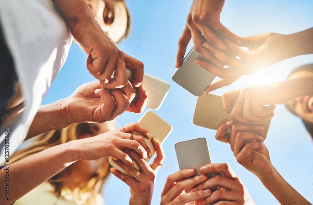 Aufkleber people, hands and below with phone for data sync, communication or network under blue sky. low angle