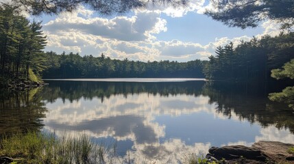 Fototapeta premium Serene Lake Reflected In Calm Waters Under A Cloudy Sky