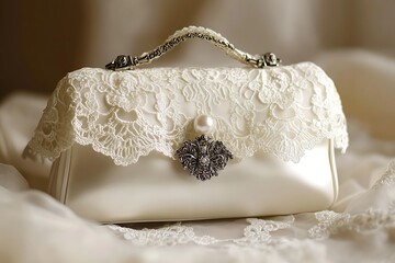 Elegant pearl white bridal clutch with lace overlay and a dainty clasp, ideal for wedding essentials.