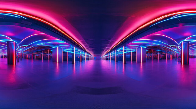 360 degree full panorama environment map of dark empty big hall with neon lights 3d render illustration hdri hdr vr virtual reality. 3D Illustration