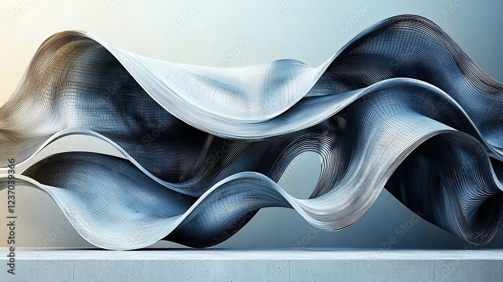 Poster abstract metallic wave sculpture on a platform.