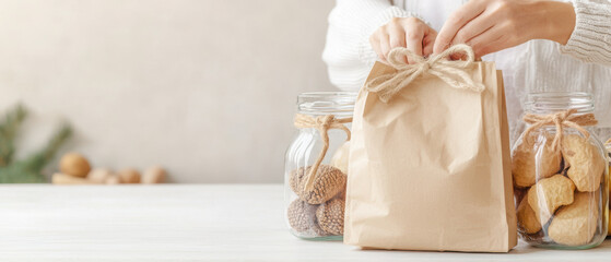 Zero Waste Lifestyle with Reusable Sustainable Products. A person tying a gift bag next to jars filled with cookies on a light background.