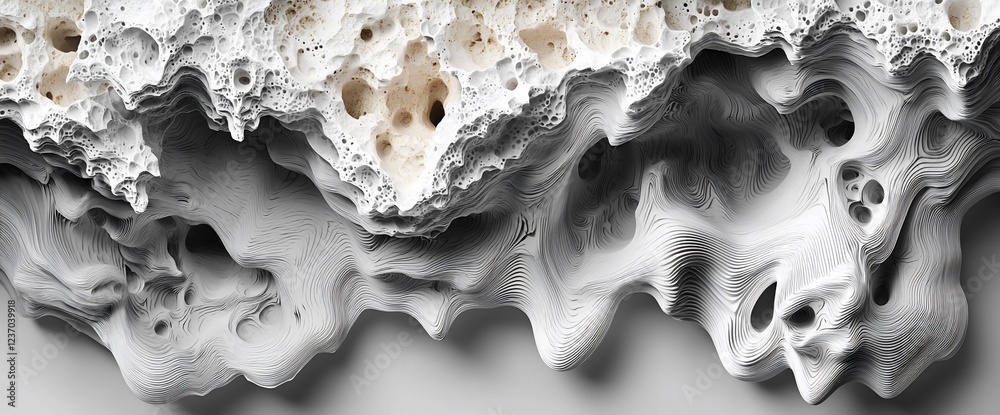 Poster Abstract grayscale textured landscape with layered, flowing forms and porous upper section.