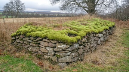 Moss Covered Stone Wall In Rural Landscape