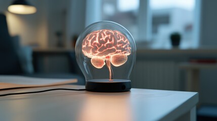 A glowing conceptual AI brain inside a robotic head, set against a modern interior, illuminates the harmonious fusion of technology and imagination.