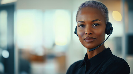 Confident customer service representative with headset in modern office space