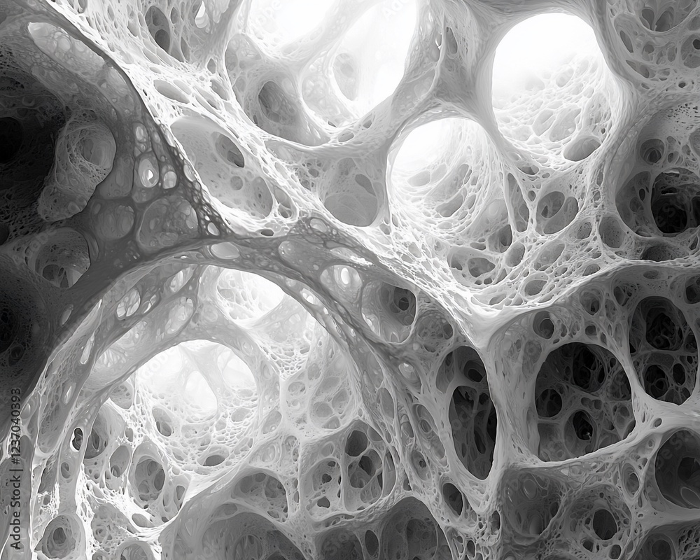Aufkleber Abstract grayscale 3D rendering of a complex organic structure resembling a porous network or cavern.